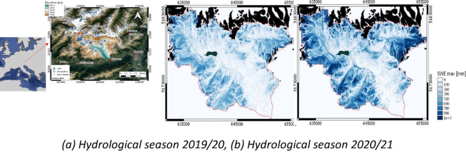 Figure 2: Example of high-resolution SWE estimation for the Senales are in the Venosta catchment in Italy.