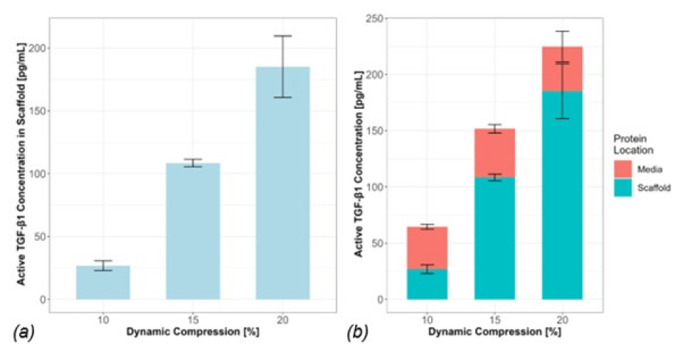 Figure 1: (a) Concentration of active TGF-β1 measured inside the scaffold. (b) Concentration of active protein inside the scaffold and outside in the media. Statistical test: Wilcoxon pairwise test, n=3, p > 0.05.